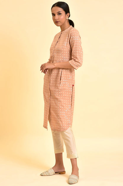 Rosedust Pink Printed Mandarin Collar Cotton Flax Kurta And Slim Pants Set - wforwoman