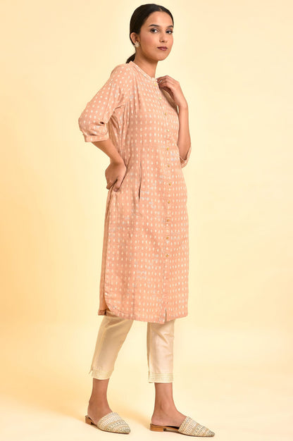 Rosedust Pink Printed Mandarin Collar Cotton Flax Kurta And Slim Pants Set - wforwoman