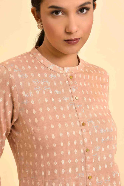 Rosedust Pink Printed Mandarin Collar Cotton Flax Kurta And Slim Pants Set - wforwoman