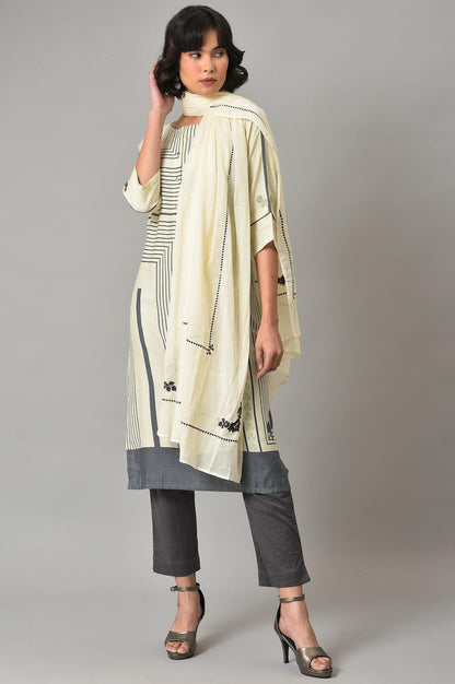 Ecru Printed kurta With Grey Slim Pants And Embroidered Dupatta - wforwoman