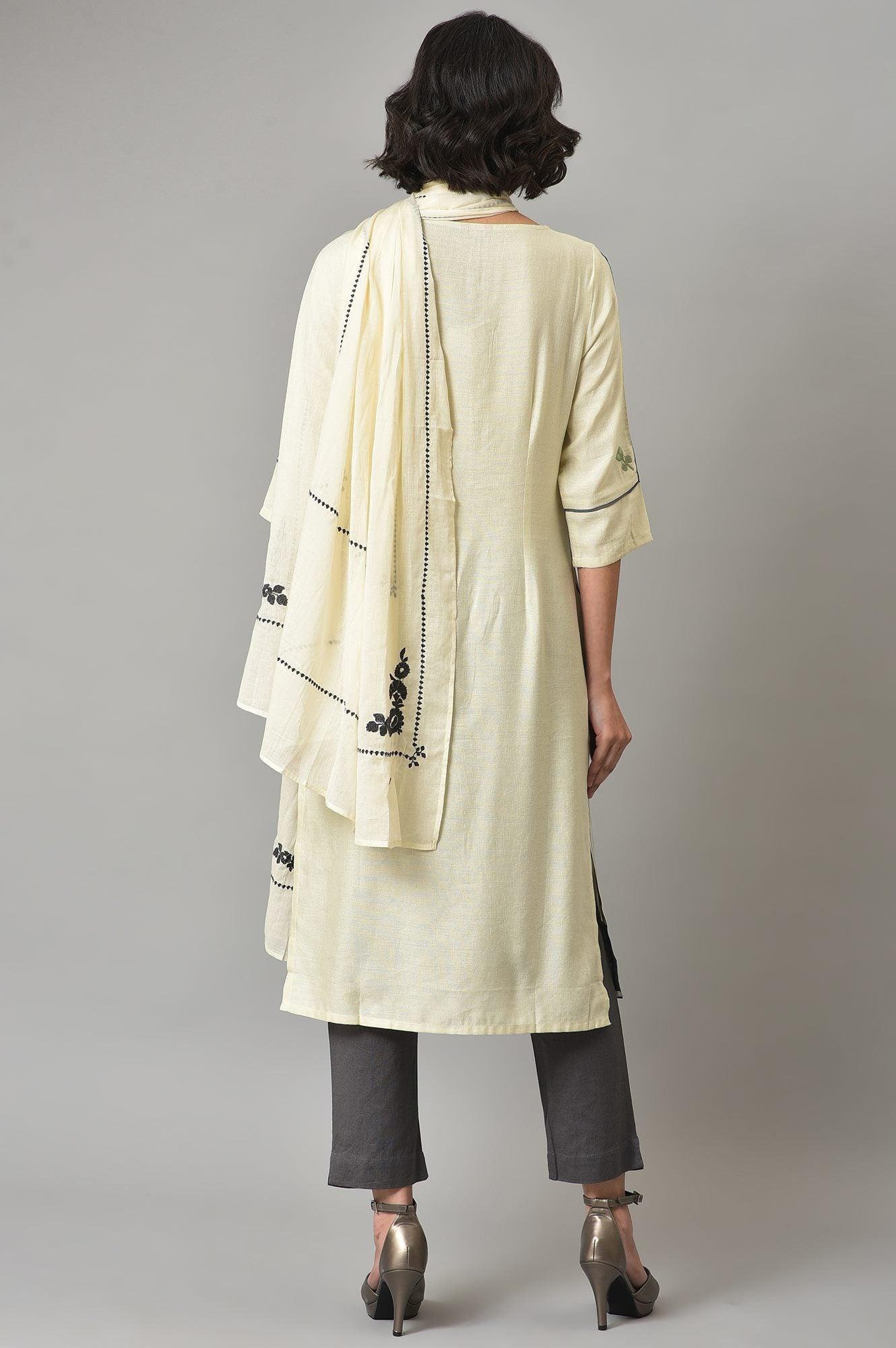 Ecru Printed kurta With Grey Slim Pants And Embroidered Dupatta - wforwoman