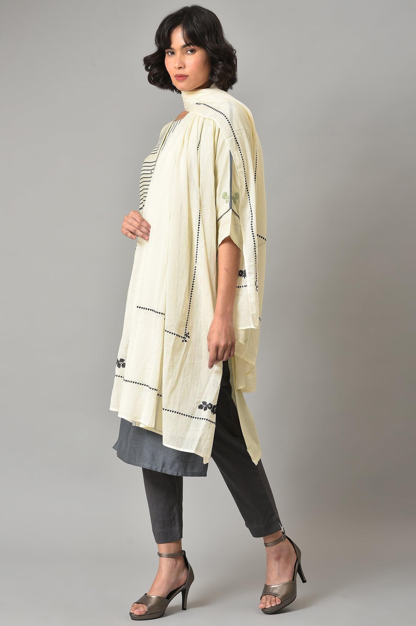 Ecru Printed kurta With Grey Slim Pants And Embroidered Dupatta - wforwoman