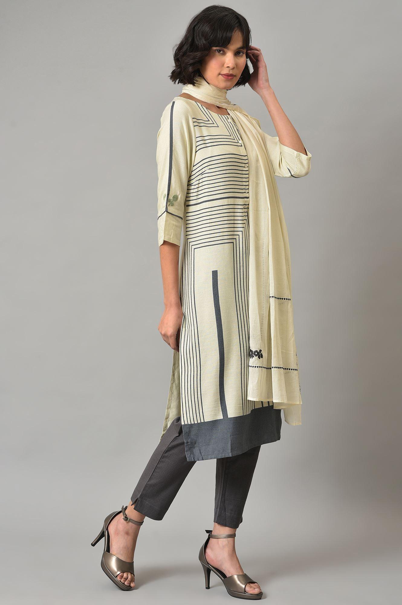 Ecru Printed kurta With Grey Slim Pants And Embroidered Dupatta - wforwoman