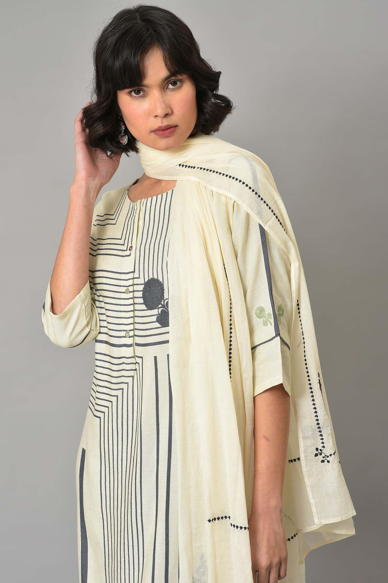 Ecru Printed kurta With Grey Slim Pants And Embroidered Dupatta - wforwoman