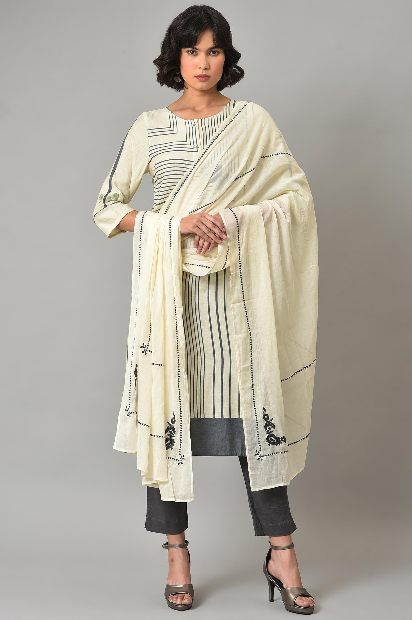 Ecru Printed kurta With Grey Slim Pants And Embroidered Dupatta - wforwoman