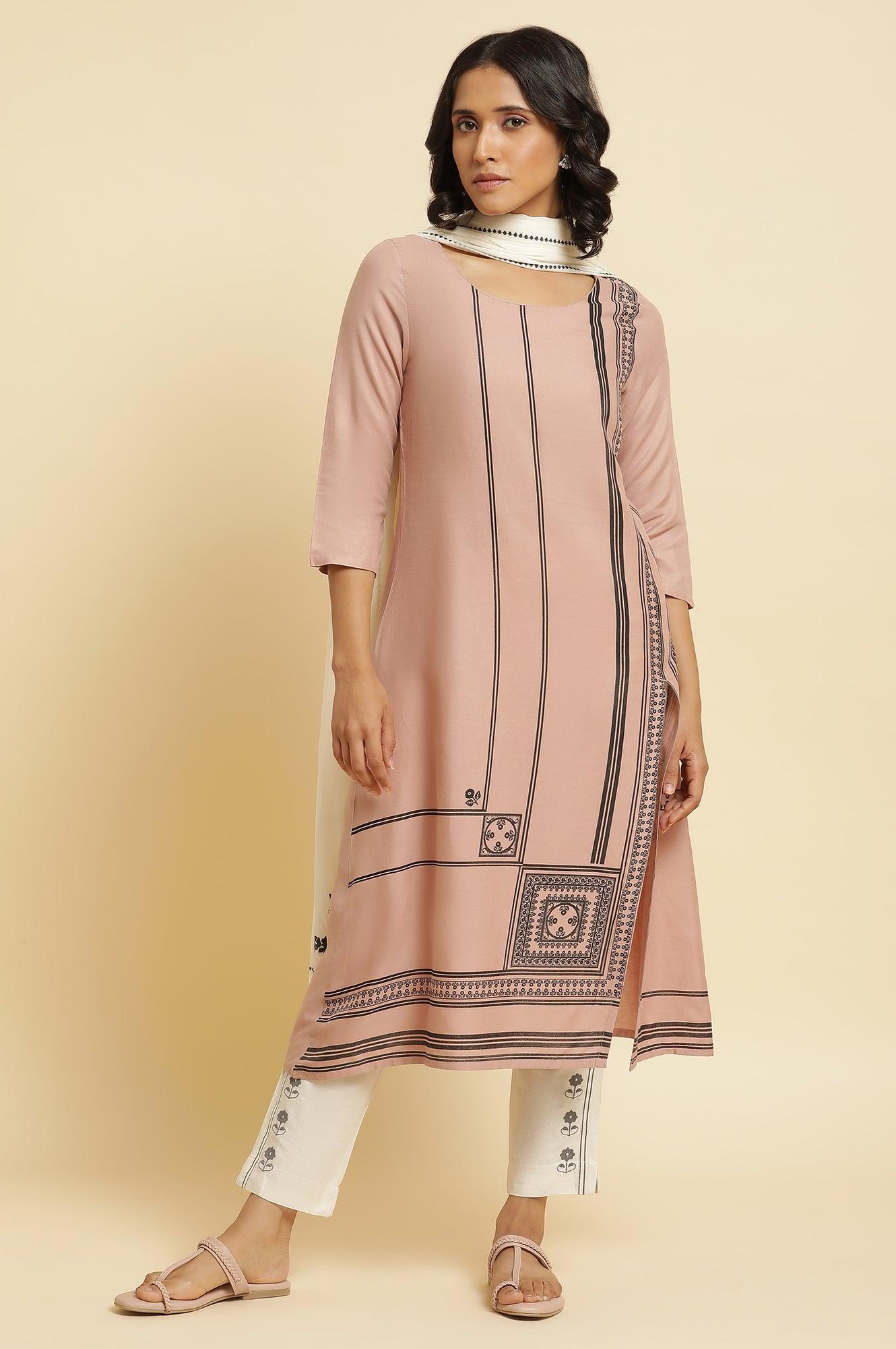 Pink Printed Kurta, Pants &amp; Dupatta Set - wforwoman