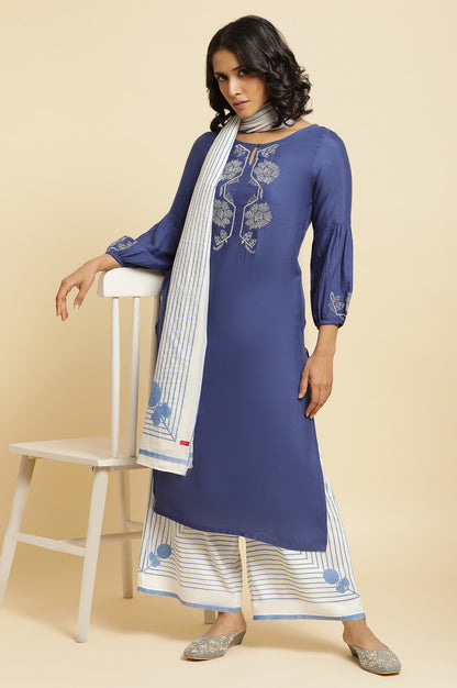 Blue Embroidered Kurta, Parallel Pants &amp; Dupatta Set