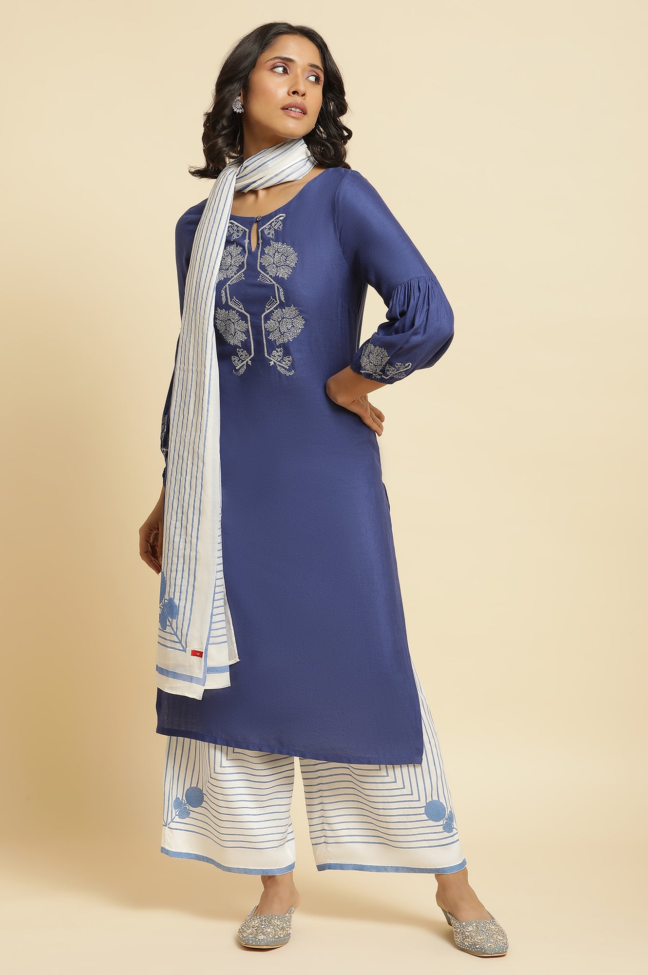 Blue Embroidered Kurta, Parallel Pants &amp; Dupatta Set