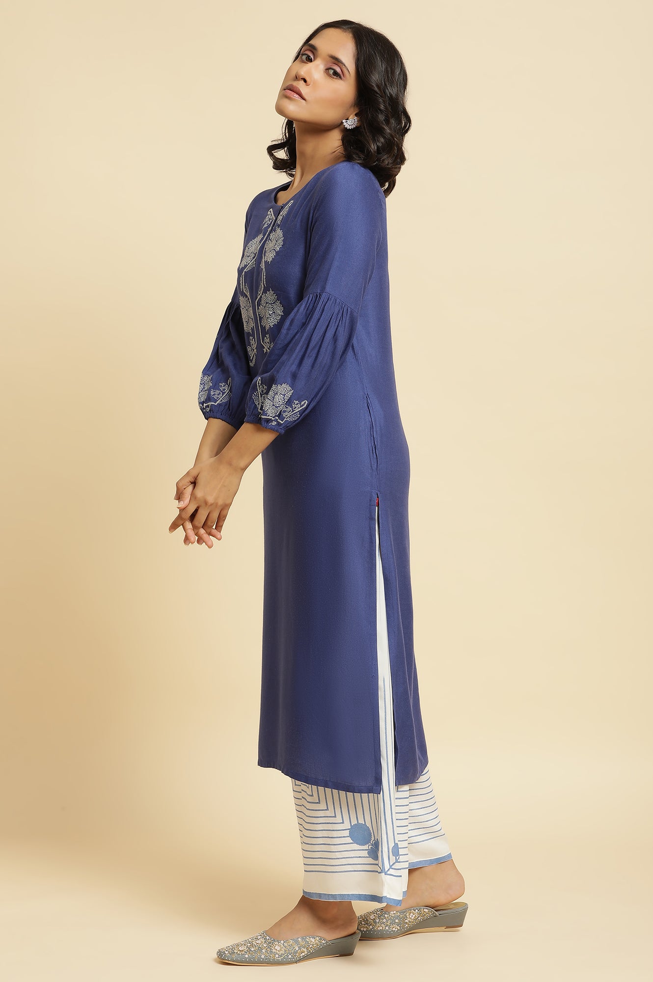 Blue Embroidered Kurta, Parallel Pants &amp; Dupatta Set