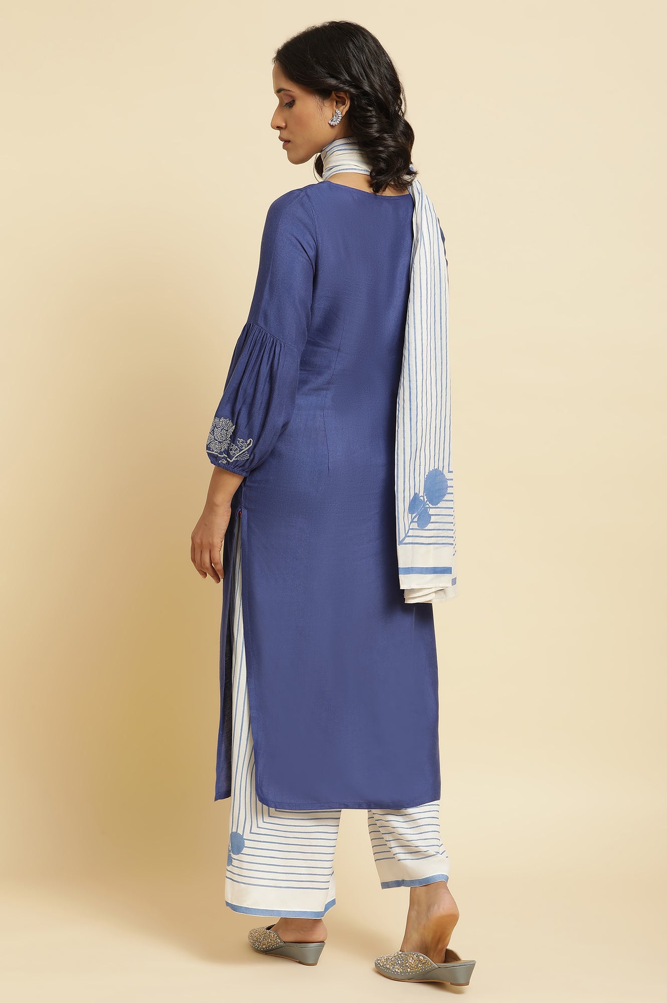 Blue Embroidered Kurta, Parallel Pants &amp; Dupatta Set