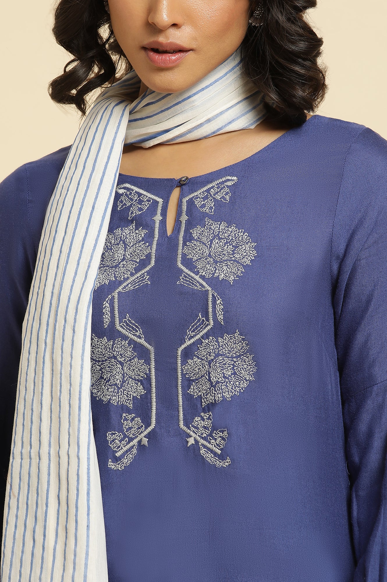 Blue Embroidered Kurta, Parallel Pants &amp; Dupatta Set