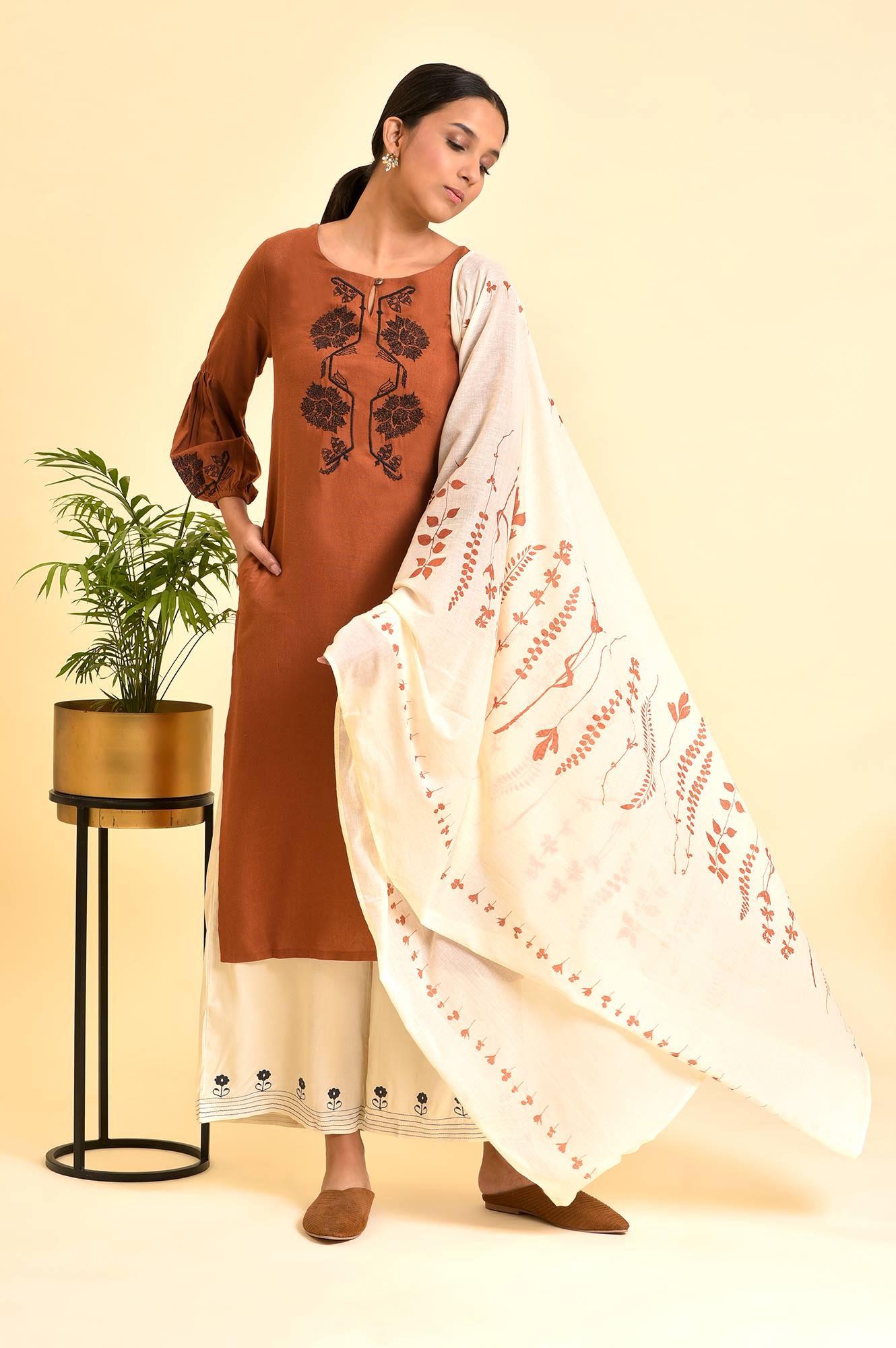 Rust Brown Embroidered Kurta, Parallel Pants And Dupatta Set