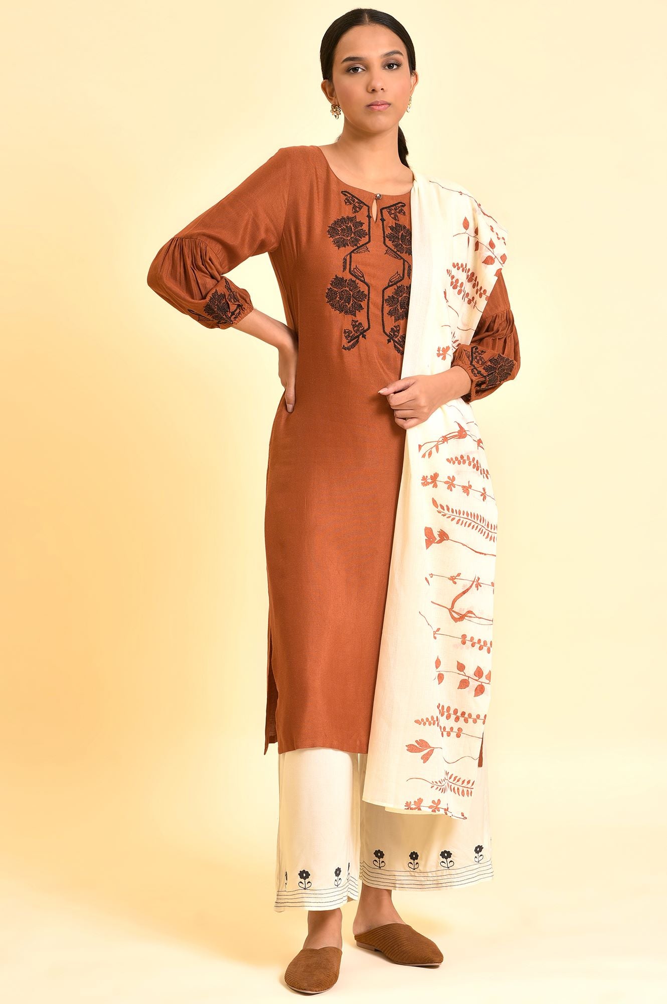 Rust Brown Embroidered Kurta, Parallel Pants And Dupatta Set