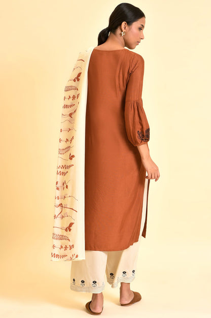 Rust Brown Embroidered Kurta, Parallel Pants And Dupatta Set