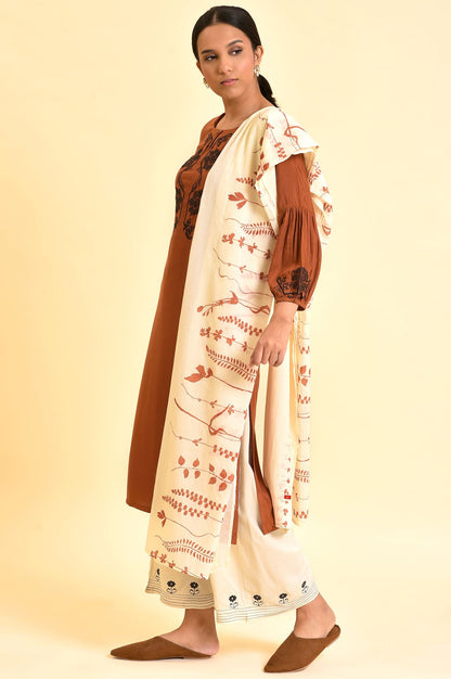 Rust Brown Embroidered Kurta, Parallel Pants And Dupatta Set