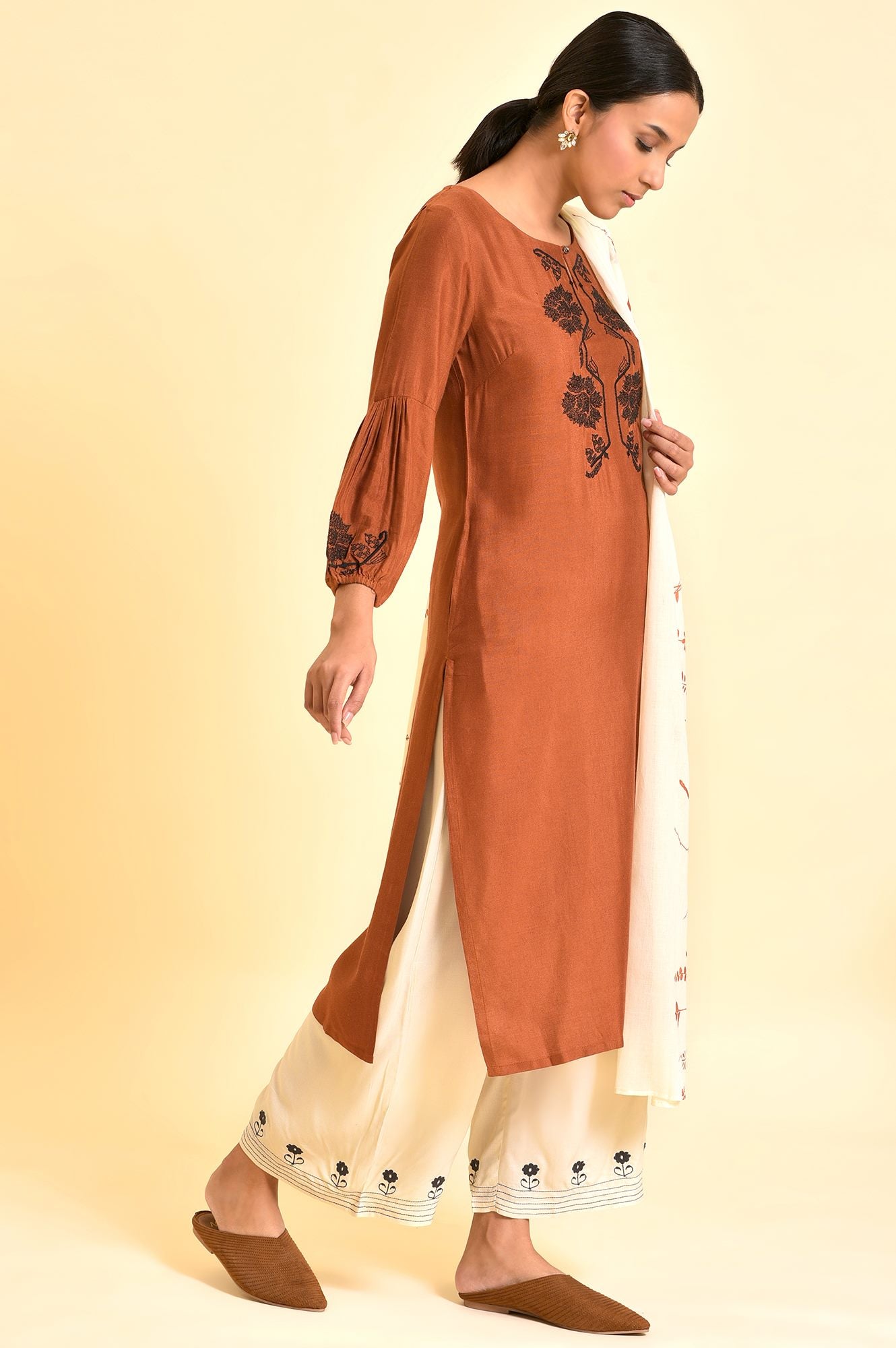 Rust Brown Embroidered Kurta, Parallel Pants And Dupatta Set