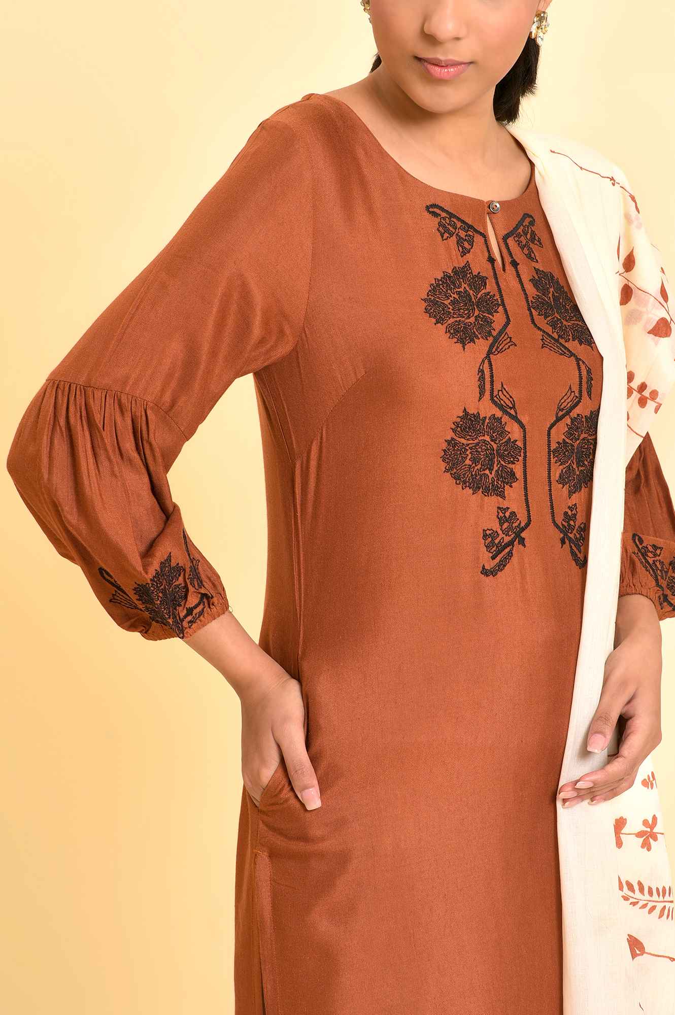 Rust Brown Embroidered Kurta, Parallel Pants And Dupatta Set