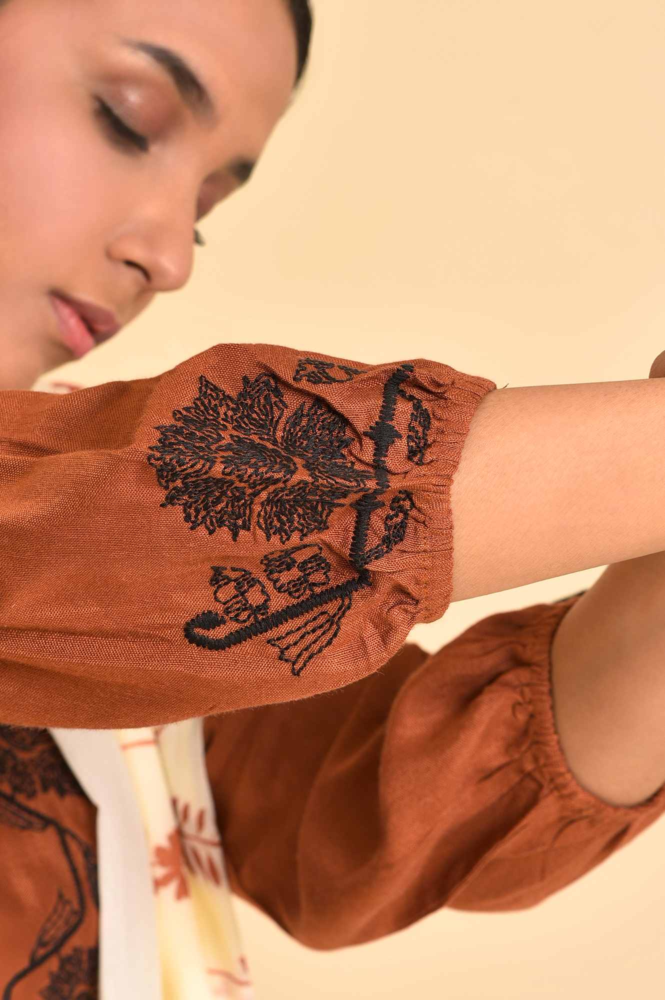 Rust Brown Embroidered Kurta, Parallel Pants And Dupatta Set