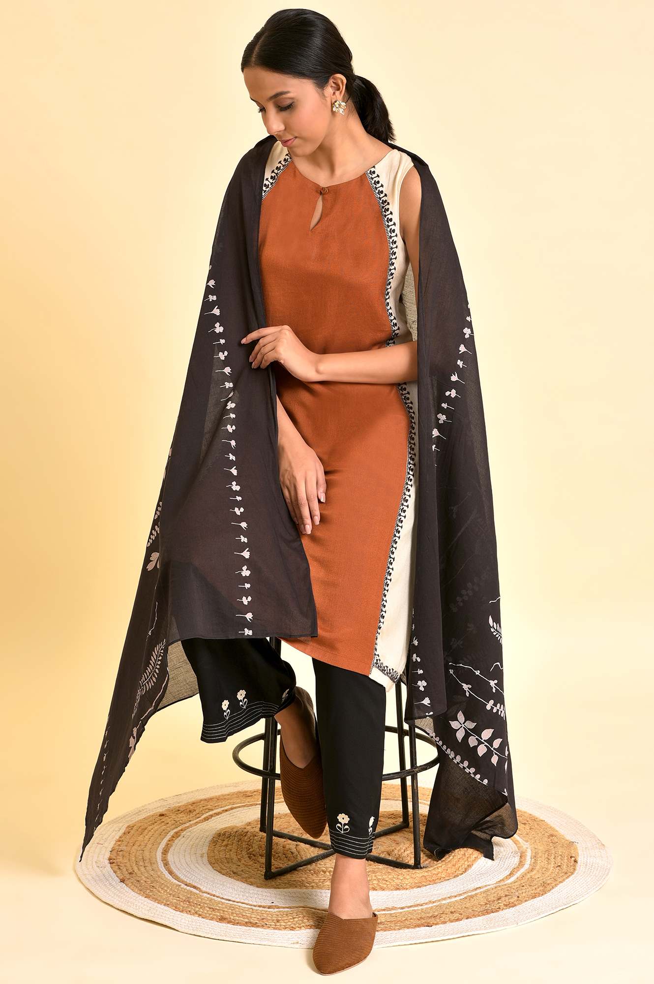 Rust Brown Embroidered Kurta, Parallel Pants And Dupatta Set