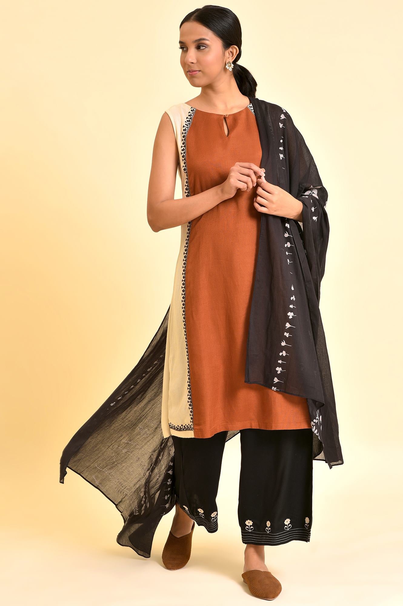 Rust Brown Embroidered Kurta, Parallel Pants And Dupatta Set