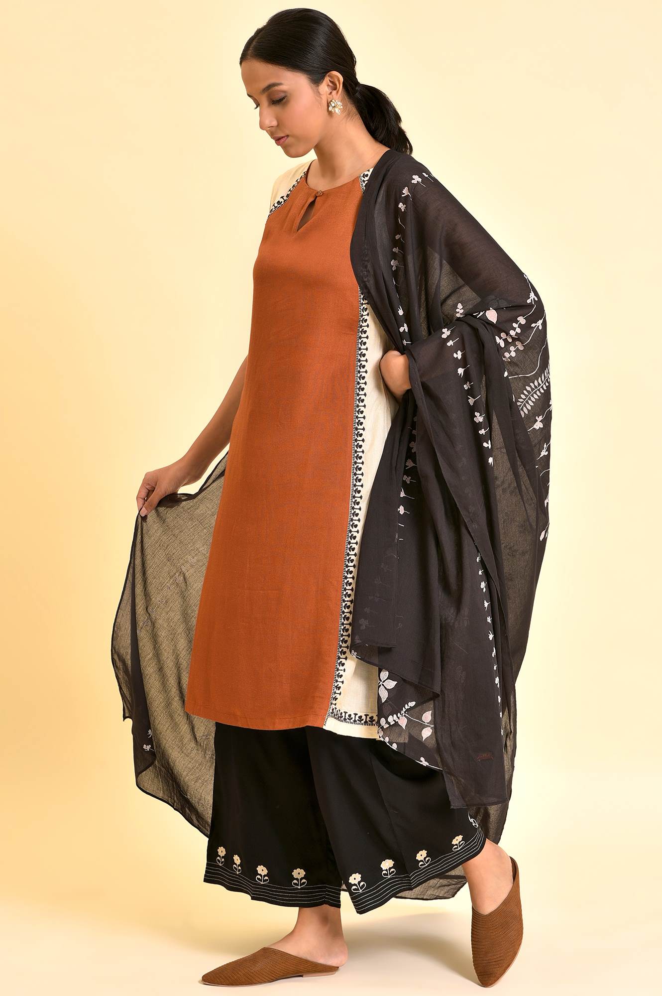 Rust Brown Embroidered Kurta, Parallel Pants And Dupatta Set