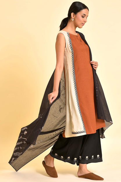 Rust Brown Embroidered Kurta, Parallel Pants And Dupatta Set