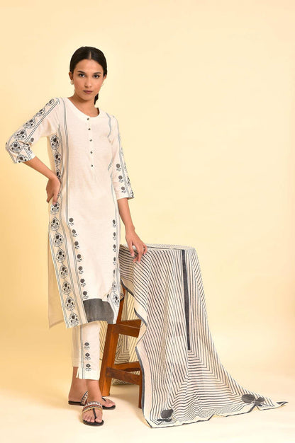 Ecru Printed Cotton Flax Kurta, Pants And Dupatta Set - wforwoman