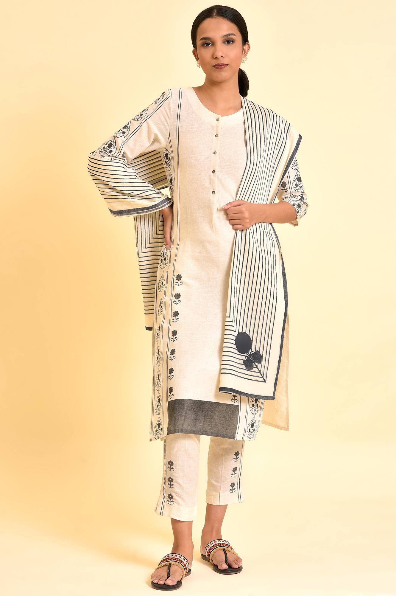 Ecru Printed Cotton Flax Kurta, Pants And Dupatta Set - wforwoman