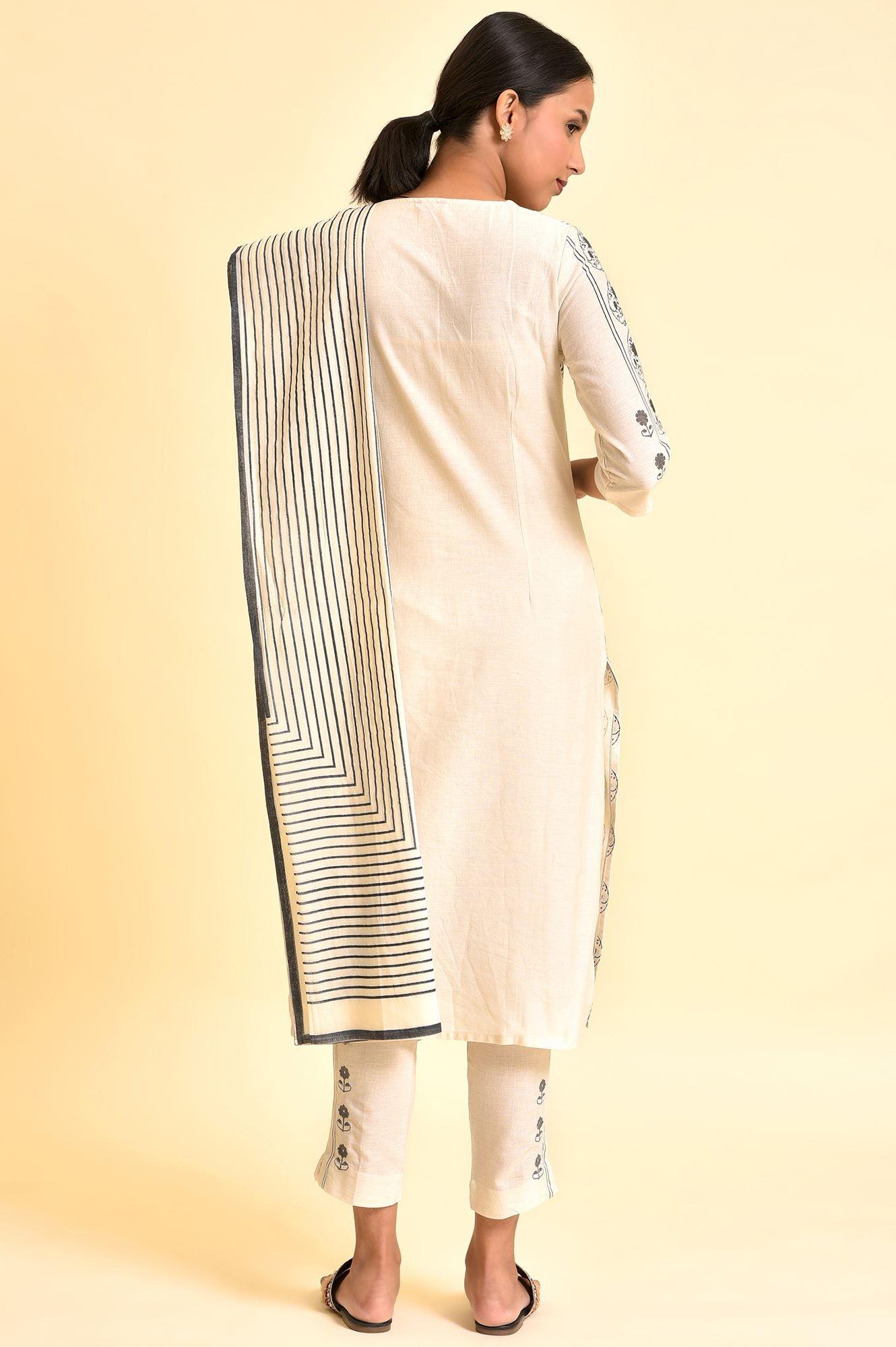 Ecru Printed Cotton Flax Kurta, Pants And Dupatta Set - wforwoman