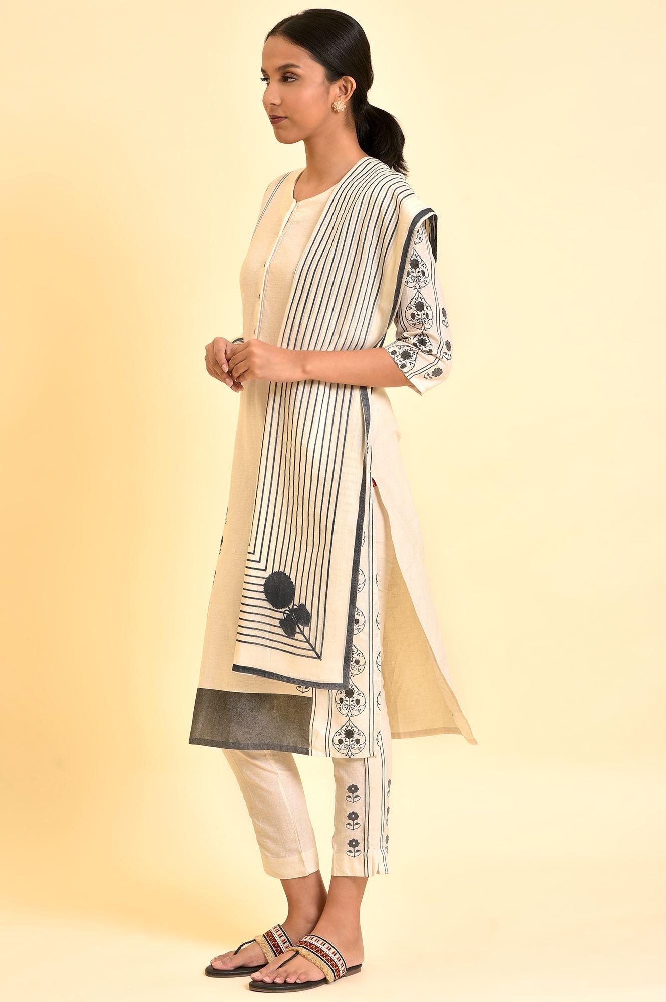 Ecru Printed Cotton Flax Kurta, Pants And Dupatta Set - wforwoman