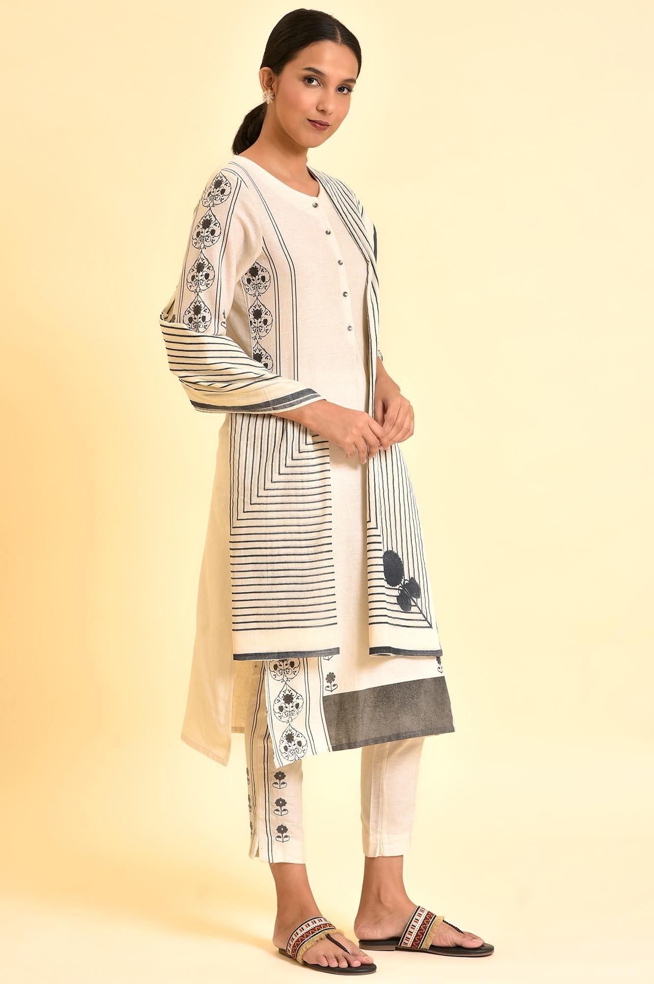 Ecru Printed Cotton Flax Kurta, Pants And Dupatta Set - wforwoman