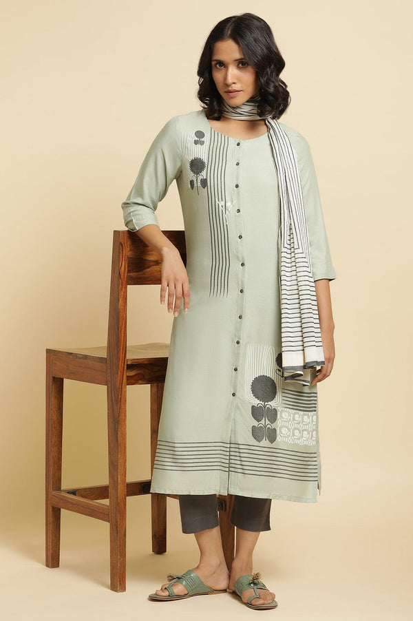 Sage Green Printed Kurta, Pants & Dupatta
