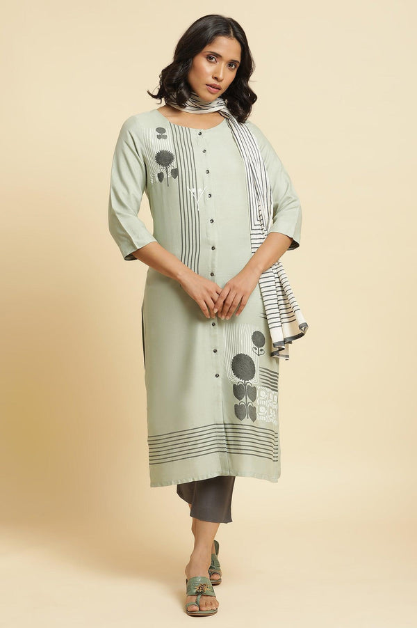 Sage Green Printed Kurta, Pants & Dupatta
