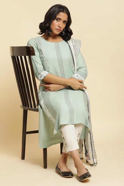 Green Printed Kurta, Pants &amp; Dupatta - wforwoman