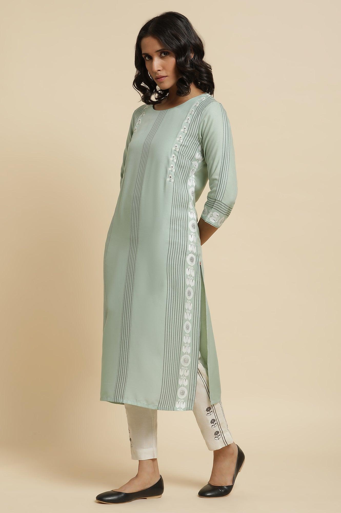 Green Printed Kurta, Pants &amp; Dupatta - wforwoman