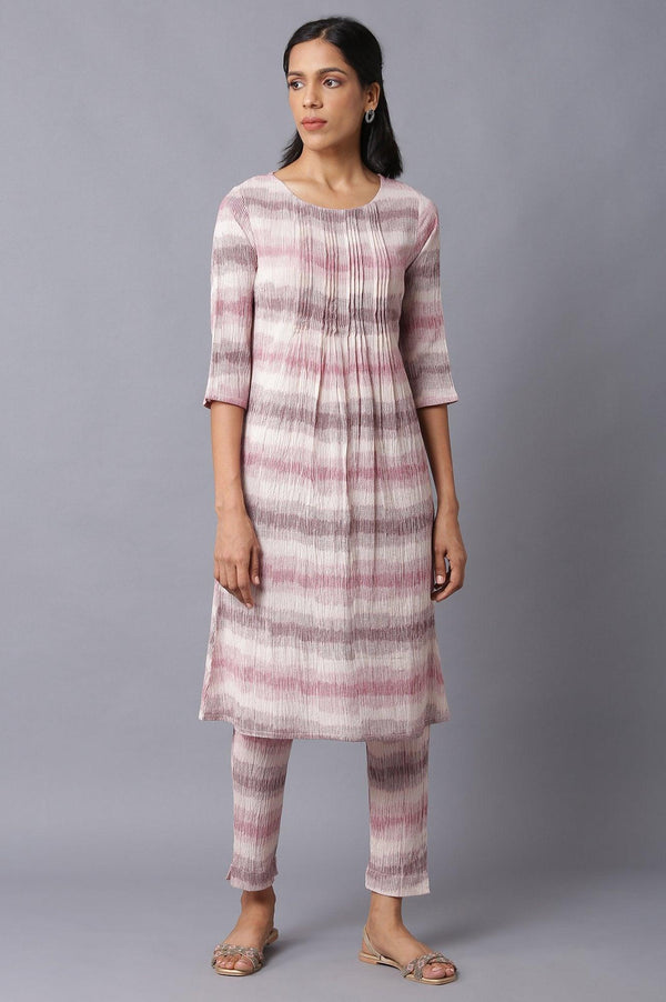 Light Pink Pleated Printed kurta In Round Neck With Slim Pants