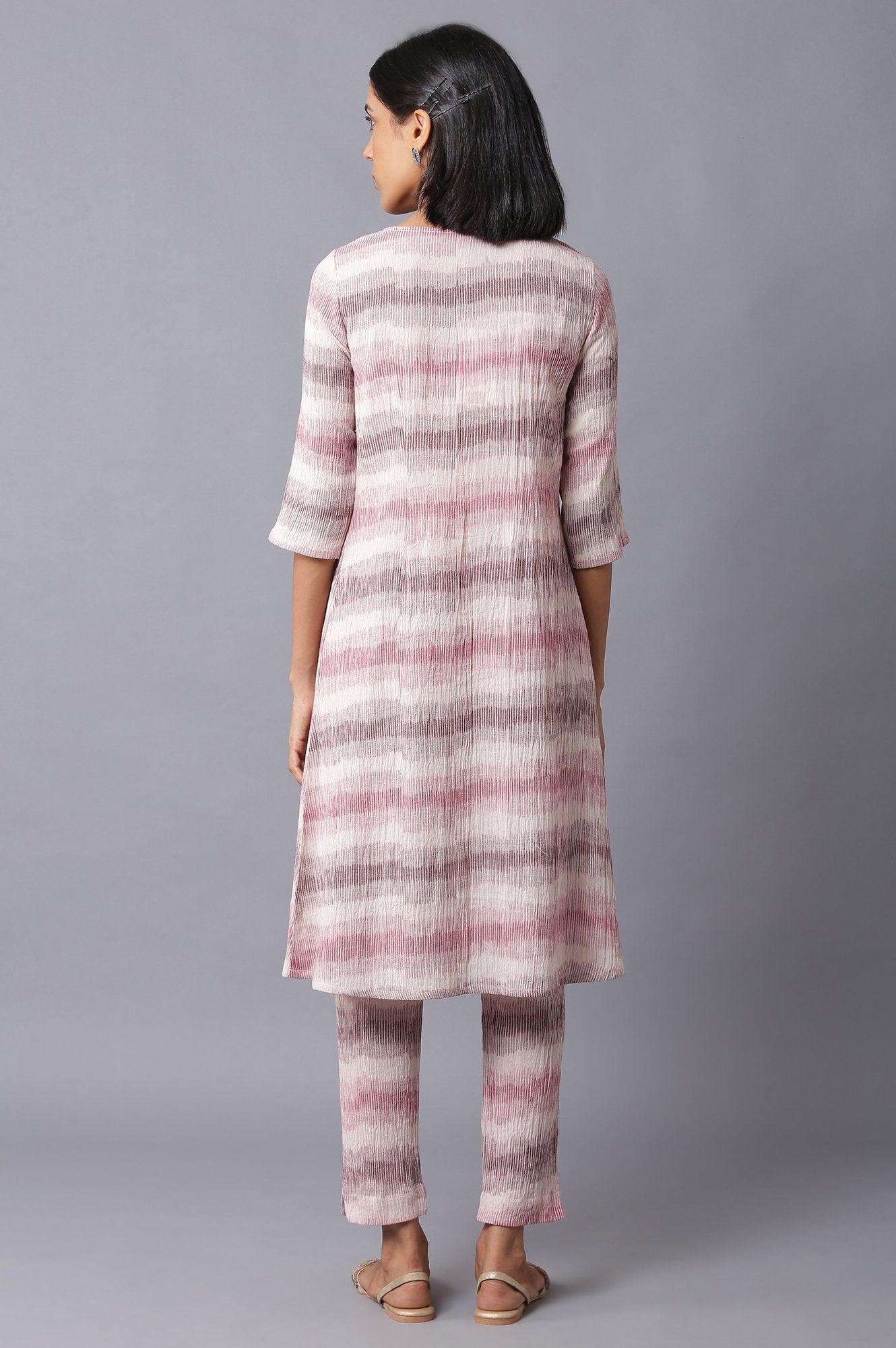 Light Pink Pleated Printed kurta In Round Neck With Slim Pants - wforwoman