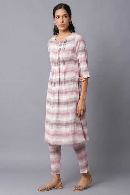 Light Pink Pleated Printed kurta In Round Neck With Slim Pants - wforwoman