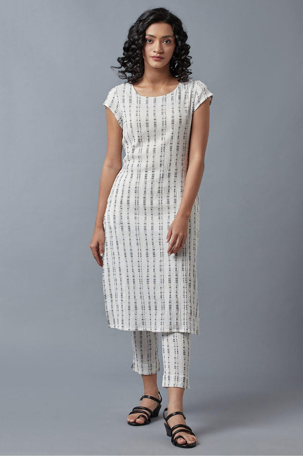 Ecru Printed kurta In Round Neck With Slim Pants