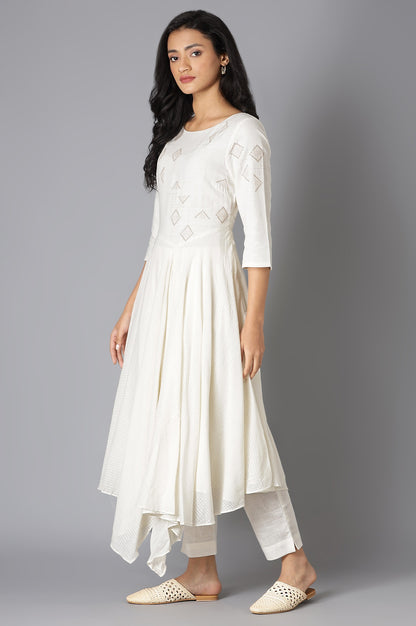 Ecru Embroidered Asymmetrical kurta In Boat Neck With Slim Pants