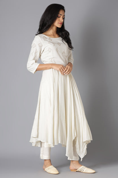 Ecru Embroidered Asymmetrical kurta In Boat Neck With Slim Pants