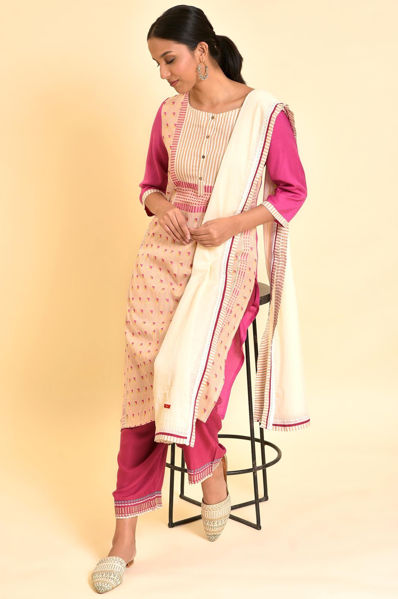 Light Pink Dobby Kurta, Pants And Dupatta Set - wforwoman