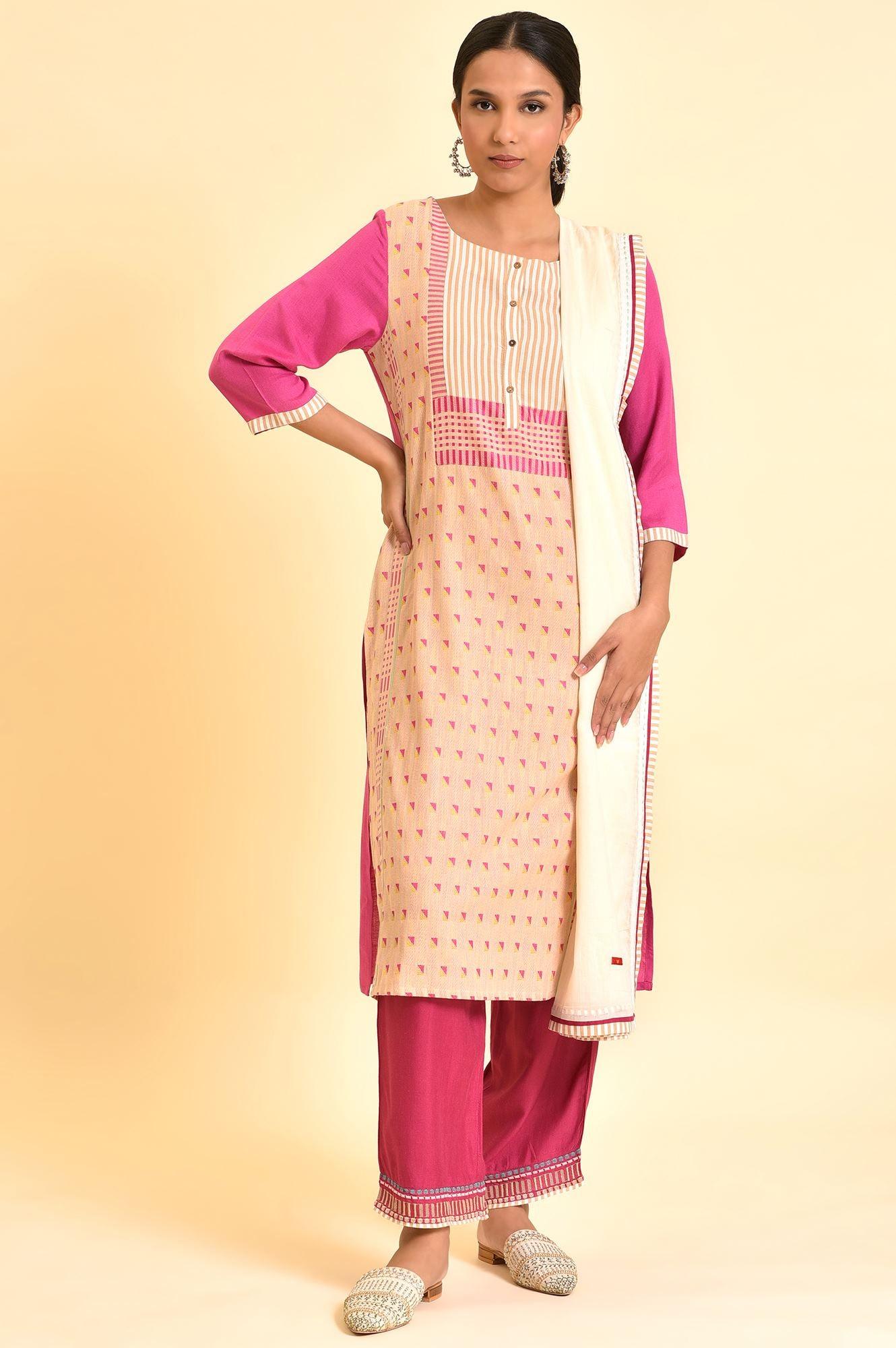 Light Pink Dobby Kurta, Pants And Dupatta Set - wforwoman