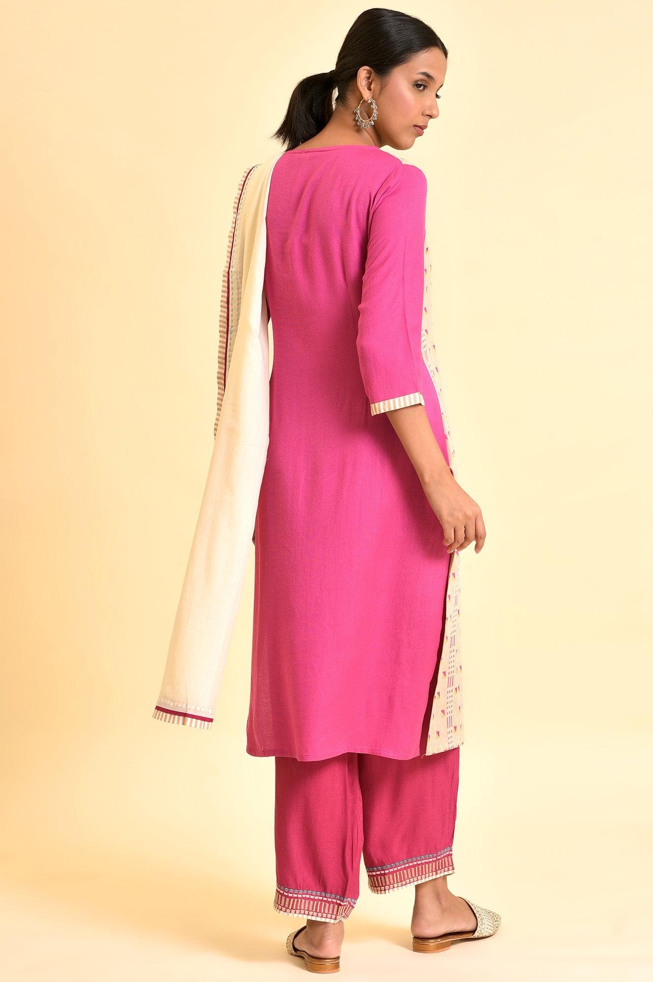 Light Pink Dobby Kurta, Pants And Dupatta Set - wforwoman