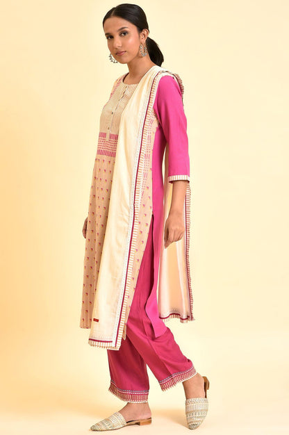 Light Pink Dobby Kurta, Pants And Dupatta Set - wforwoman