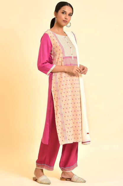 Light Pink Dobby Kurta, Pants And Dupatta Set - wforwoman