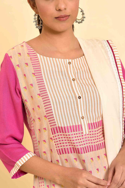 Light Pink Dobby Kurta, Pants And Dupatta Set - wforwoman