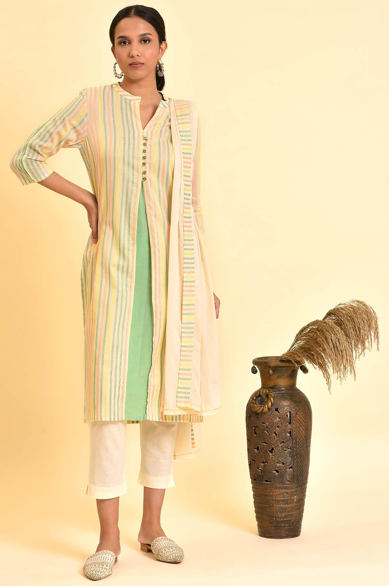 Ecru Dobby Printed Kurta, Pants And Dupatta Set - wforwoman