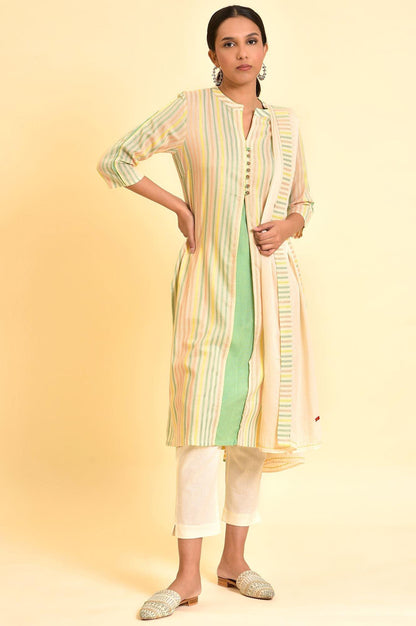 Ecru Dobby Printed Kurta, Pants And Dupatta Set - wforwoman