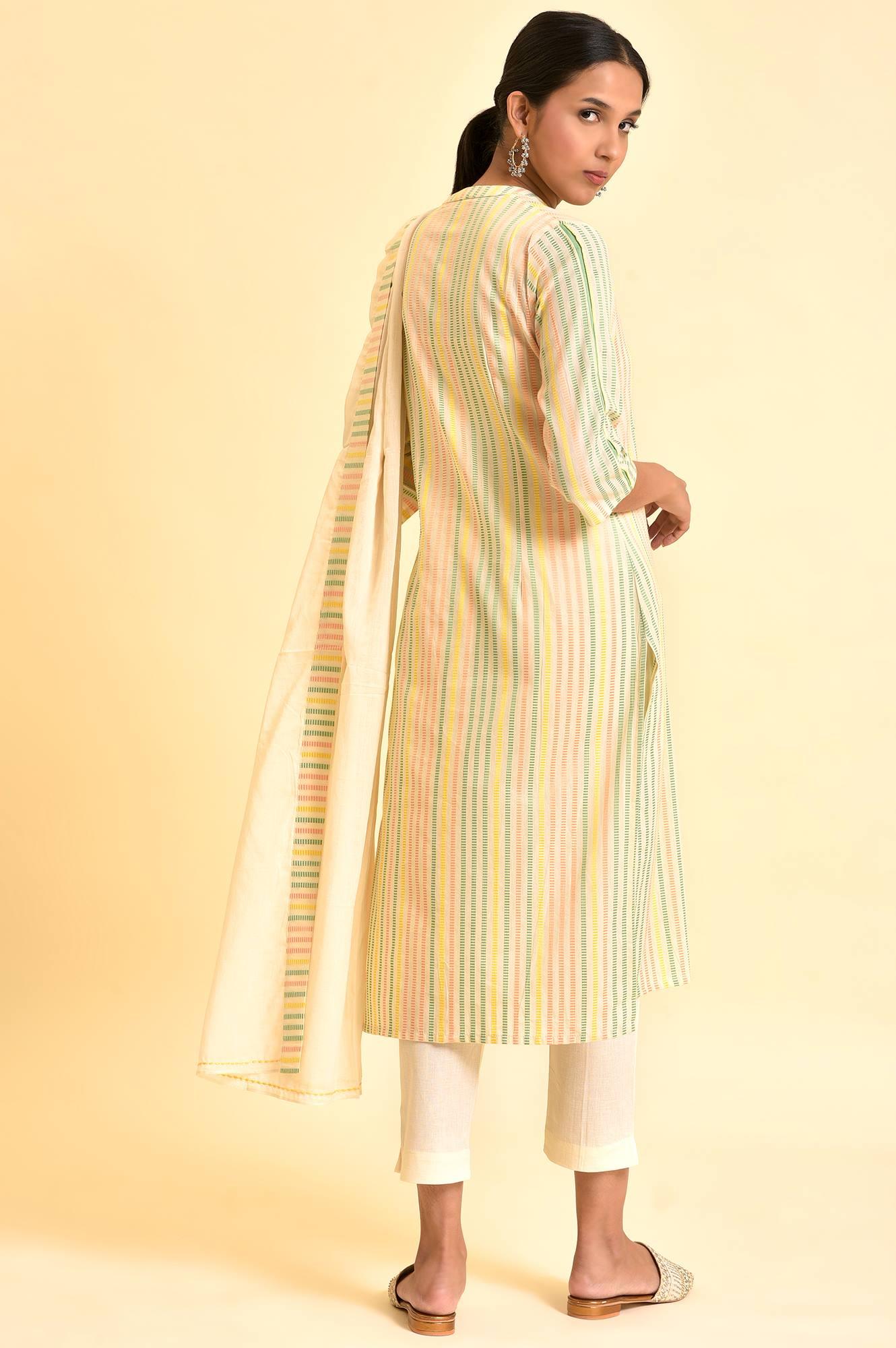 Ecru Dobby Printed Kurta, Pants And Dupatta Set - wforwoman